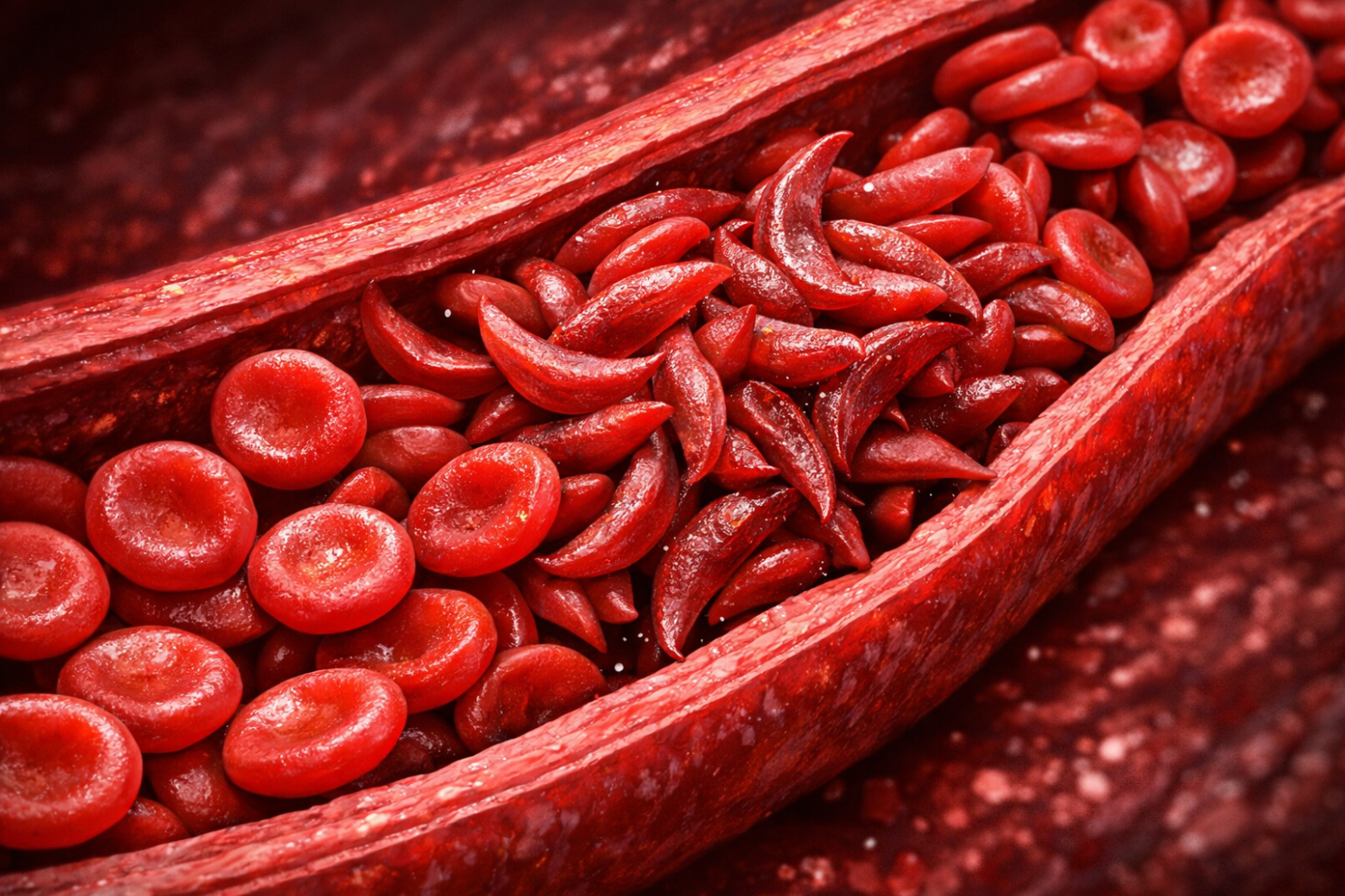 AI‑generated illustration of sickle cell disease inside a blood vessel, showing crescent‑shaped red blood cells clustering together and blocking blood flow while normal round red blood cells pass through the vessel.